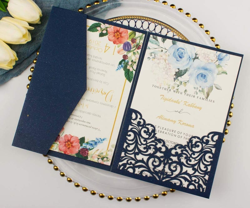 Lucky Star 25 sets 5X7 250GSM Pearl Navy Blue Tri Fold Wedding Invitations Cards With Envelopes Inserts for Wedding Bridal Shower Birthday - Image 5
